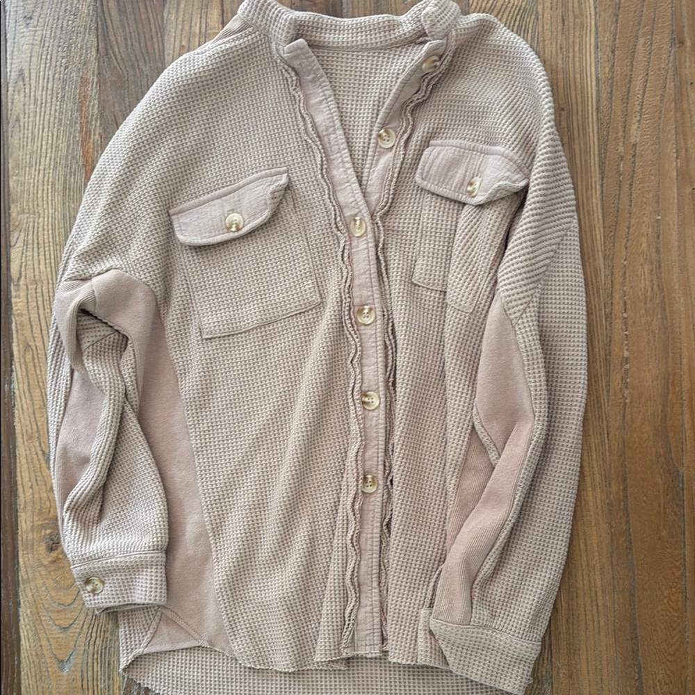 Tan Button-Up Waffle Knit Shirt